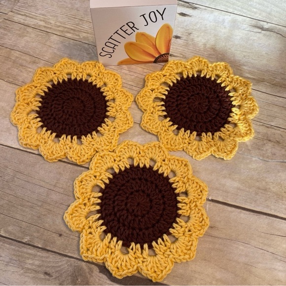 Set of Three Brown Centered Sunflowers Doilies/Coasters 6 Inches With Petals - Picture 2 of 7